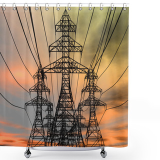 Personality  Energy Towers On An Electric Sky Background. 3D Rendered Image. Shower Curtains