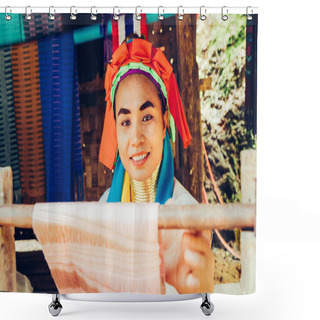 Personality  Portrait Of Long Neck Woman Weave Cloth In Front Her House In Tribal Village Northern Thailand. Shower Curtains