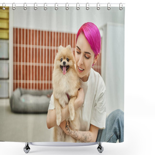 Personality  Caring Dog Sitter Embracing Adorable Pomeranian Spitz In Cozy Pet Hotel, Pet-friendly Concept Shower Curtains