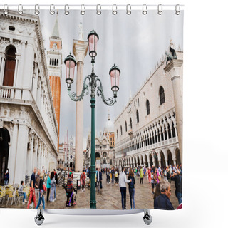 Personality  VENICE, ITALY - SEPTEMBER 24, 2019: People Walking Near Saint Mark Bell Tower And Palace Of Doge In Venice, Italy  Shower Curtains