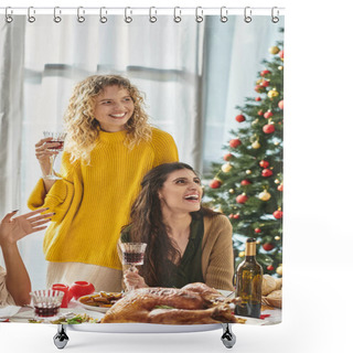 Personality  Happy Lgbt Couple Celebrating Christmas With Their Family Smiling Sincerely Enjoying Wine And Feast Shower Curtains