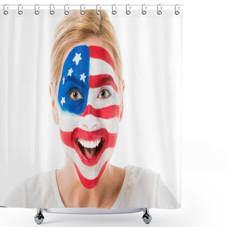 Personality  Excited Woman With Usa Flag Face Paint Isolated On White Shower Curtains