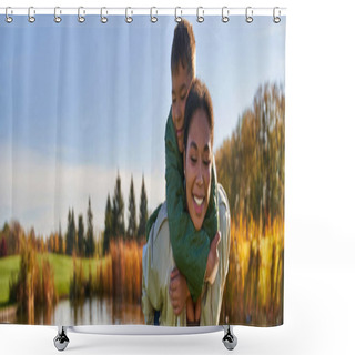 Personality  Happy Mother Piggybacking Son Near Pond With Ducks, Childhood, African American, Autumn, Banner Shower Curtains