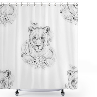 Personality  Seamless Pattern Of A Beautiful Lion With A Lotus On A White Background. Shower Curtains