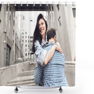 Personality  Love Story. Guy In Plaid Shirt Hugs Girl. Romantic Couple. Shower Curtains