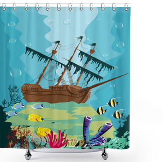 Personality  Underwater Landscape With Old Pirate Ship Shower Curtains