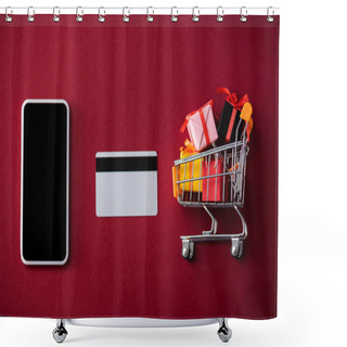 Personality  Top View Of Smartphone, Credit Card And Toy Gift Boxes In Cart On Red Background Shower Curtains