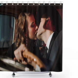 Personality  Selective Focus Of Couple Kissing In Retro Car  Shower Curtains