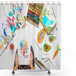 Personality  Top View Of Woman Holding Watercolor Drawing While Surrounded By Color Pictures Shower Curtains