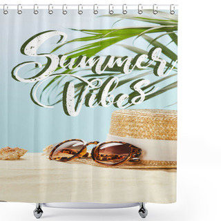 Personality  Sunglasses Near Straw Hat And Seashells In Summertime Isolated On Blue With Summer Vibes Illustration Shower Curtains