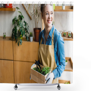 Personality  Young Happy Woman In Gloves Holding Wooden Box With Green Plants And Gardening Tools  Shower Curtains