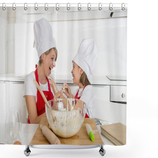 Personality  Young Mother And Little Sweet Daughter In Cook Hat And Apron Cooking Together Baking At Home Kitchen Shower Curtains