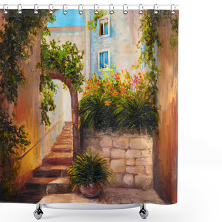 Personality  Oil Painting - Summer Street With Blooming Flowers. Colorful Abs Shower Curtains