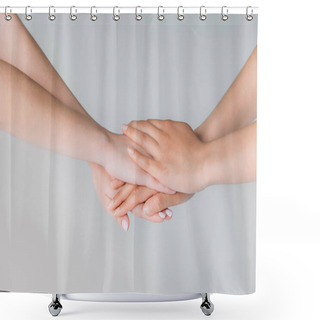 Personality  Partial View Of Women Holding Hands, Isolated On Grey, Togetherness Concept Shower Curtains