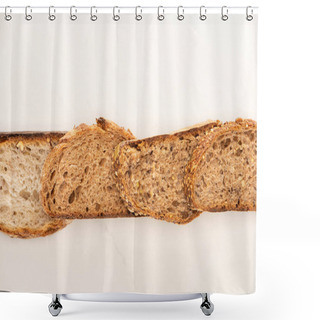 Personality  Top View Of Whole Grain Bread Slices In Line On White Background Shower Curtains