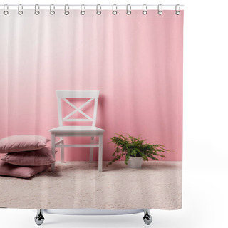 Personality  Chair With Pillows And Fern Pot In Front Of Pink Wall Shower Curtains