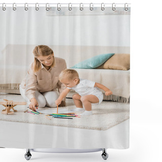 Personality  Happy Mother And Adorable Toddler Drawing Together In Nursery Room Shower Curtains