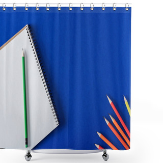 Personality  Top View Of Arranged Variety Pencils And Blank Textbook On Blue Background  Shower Curtains