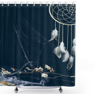 Personality  Dreamcatcher With Feathers In Darkness With Spider Web And Dry Branch Shower Curtains