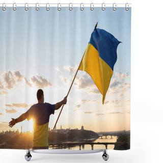 Personality  Man With Large Ukrainian Yellow And Blue Flag Waving In Hand Against Of Sky And Dnieper River In Kyiv At Sunset. Support Ukraine. Independence Day Faith In Victory. Stop War. I Am Ukrainian. Back View Shower Curtains