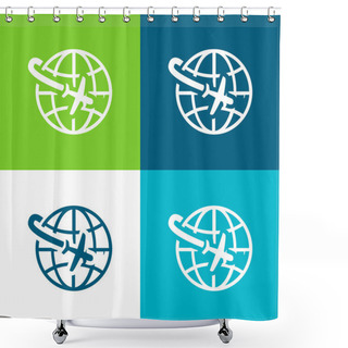 Personality  Airplane Flight Around The Planet Flat Four Color Minimal Icon Set Shower Curtains