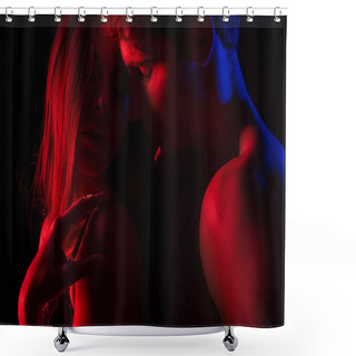 Personality  Undressed Sexy Young Couple Kissing And Hugging In Red Light Isolated On Black Shower Curtains
