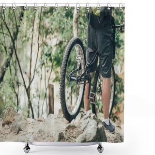 Personality  Cropped Image Of Male Cyclist With Backpack Standing With Bicycle In Forest  Shower Curtains