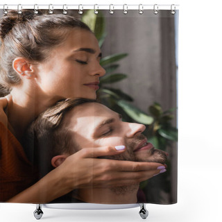 Personality  Tender Woman With Closed Eyes Touching Face Of Beloved Man At Home Shower Curtains