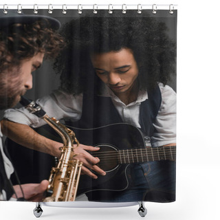 Personality  Young Duet Of Musicians Playing Sax And Acoustic Guitar On Black Shower Curtains