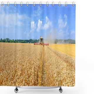 Personality  Grain Harvesting Combine In A Rural Landscape. Shower Curtains