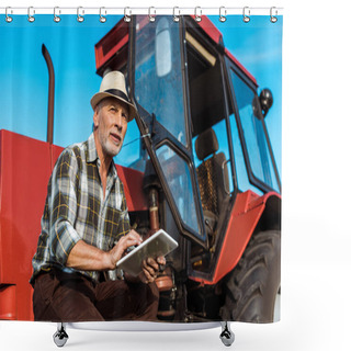 Personality  Senior Farmer In Straw Hat Using Digital Tablet Near Red Tractor  Shower Curtains