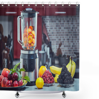 Personality  The Electric Blender For Make Fruit Juice Or Smoothie On Wooden Kitchen Table. Shower Curtains