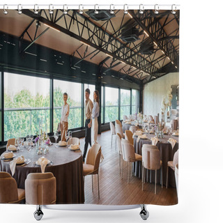 Personality  Event Organizer Showing Tables With Festive Setting To Happy Couple In Decorated Banquet Hall Shower Curtains