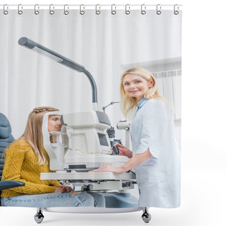 Personality  Professional Female Optometrist Examining Patient Through Slit Lamp In Clinic Shower Curtains
