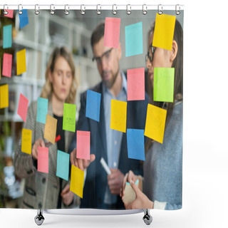 Personality  Creative Business Team Brainstorming Ideas Working Together Near Glass Wall With Sticky Notes. Colleagues Approve. Business Success Concept Shower Curtains