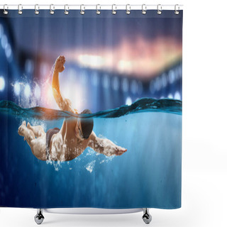 Personality  Swimmer At Competition. Mixed Media Shower Curtains