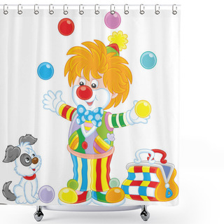 Personality  Friendly Smiling Circus Clown In A Colorful Suit Juggling With Color Balls And Playing With His Small Dog, A  Vector Illustration In A Cartoon Style Shower Curtains