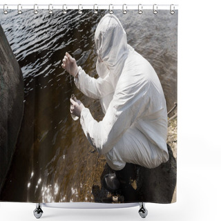 Personality  Water Inspector In Protective Costume, Latex Gloves And Respirator Taking Water Sample At River Shower Curtains