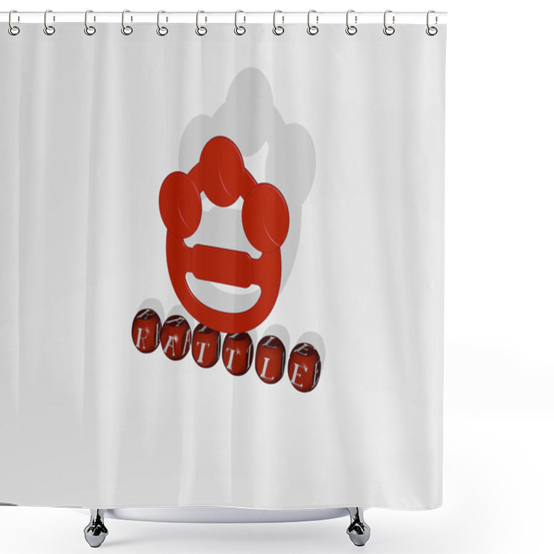 Personality  3D Representation Of RATTLE With Icon On The Wall And Text Arranged By Metallic Cubic Letters On A Mirror Floor For Concept Meaning And Slideshow Presentation. Baby And Illustration Shower Curtains
