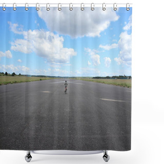 Personality  Biking Child With Helmet On Airplane Runway Shower Curtains