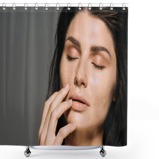 Personality  Tender Girl With Closed Eyes And Freckles On Face Isolated On Grey Shower Curtains