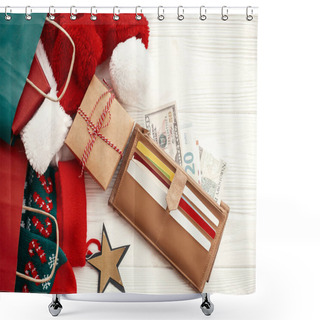 Personality  Christmas  Shopping And Sales Concept. Credit Cards And Money In Wallet, Paper Bags With Clothes, Stockings, Gift Boxes, Jewelry On White Rustic Background. Seasonal Advertising And Sale Shower Curtains