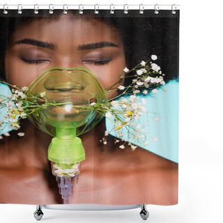 Personality  African American Young Woman With Flowers In Inhaler Isolated On Blue Background Shower Curtains