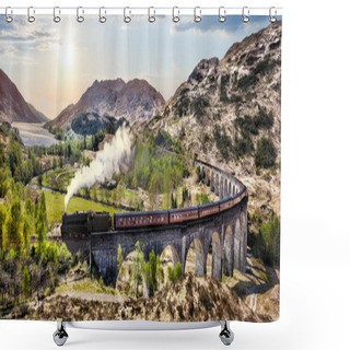 Personality  Glenfinnan Railway Viaduct In Scotland With The Jacobite Steam Train Against Sunset Over Lake Shower Curtains