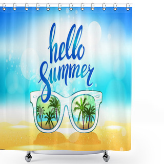 Personality  White Sunglasses Reflection Sunset At Palm Tree Landscape Scene In Light Blue Studio, Summer Time Concept, Leave Space For Adding Your Content Or Text Vector Shower Curtains