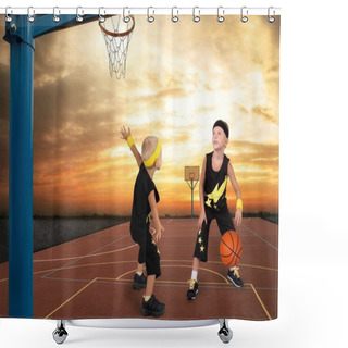 Personality  Two Brothers Playing Basketball In The Street. Shower Curtains