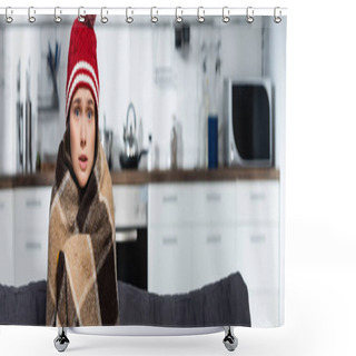 Personality  Horizontal Concept Of Cold Woman In Warm Hat, Wrapping In Warm Plaid Blanket While Sitting In Kitchen Shower Curtains