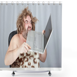 Personality  Hungry And Angry Prehistoric Man Eat Laptop Shower Curtains
