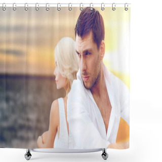 Personality  Unhappy Couple Over Sea Background Shower Curtains