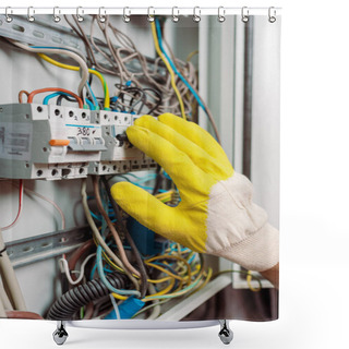 Personality  Cropped View Of Electrician In Glove Including Toggle Switches Of Electric Panel Shower Curtains